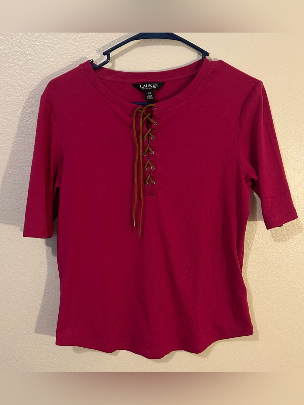 Lauren Ralph Lauren Shirt Womens Size L in Magenta w/ Leather tie on neckline